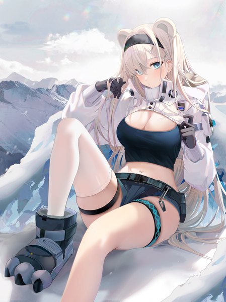 Anime picture 4993x6672 with arknights aurora (arknights) aurora (elite ii) (arknights) ru zhai single long hair tall image looking at viewer blush fringe highres breasts blue eyes light erotic large breasts sitting animal ears absurdres sky cleavage