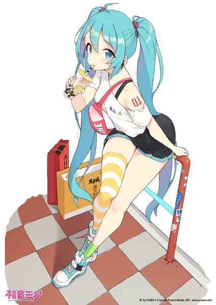 Anime picture 2896x4096 with vocaloid hatsune miku cloba single tall image looking at viewer highres standing twintails signed ahoge very long hair aqua eyes off shoulder aqua hair short sleeves leaning leaning forward checkered floor floor