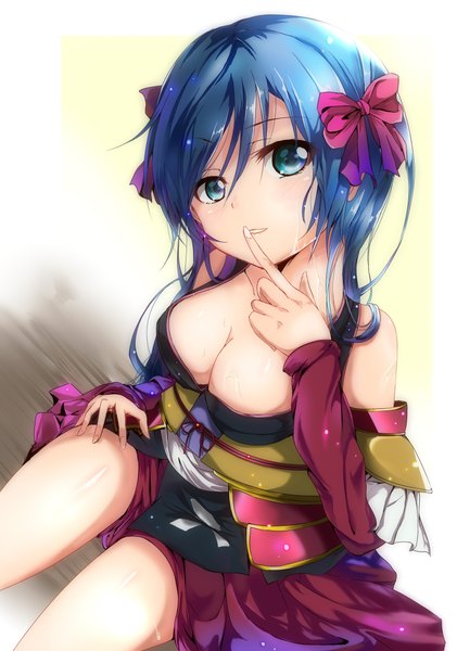 Anime picture 1600x2280 with oda nobuna no yabou niwa nagahide yorughi single long hair tall image looking at viewer breasts blue eyes light erotic large breasts bare shoulders blue hair cleavage traditional clothes japanese clothes finger to mouth girl bow hair bow