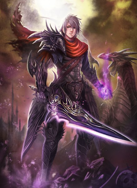 Anime picture 900x1233 with original madopen single tall image looking at viewer fringe short hair hair between eyes standing holding green eyes sky silver hair cloud (clouds) outdoors magic fantasy boy weapon sword