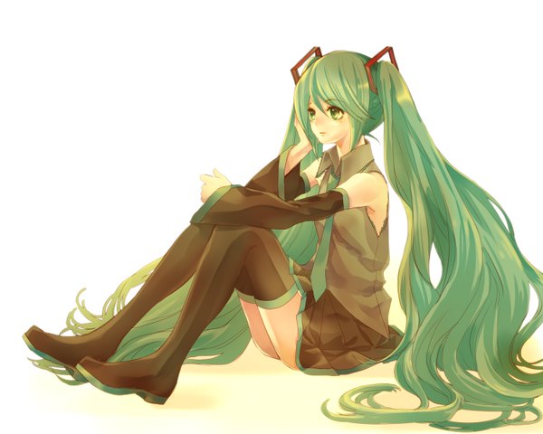 Anime picture 1500x1200 with vocaloid hatsune miku long hair simple background white background sitting twintails green eyes aqua hair girl thighhighs detached sleeves reitei