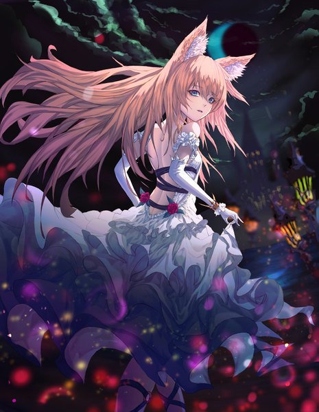 Anime picture 1255x1619 with original roon single long hair tall image looking at viewer fringe blue eyes blonde hair hair between eyes bare shoulders animal ears cloud (clouds) outdoors looking back wind from behind night night sky walking