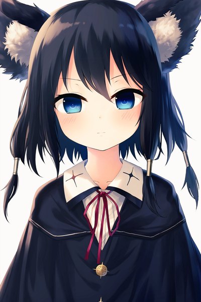 Anime picture 1333x2000 with kuroneko-chan (satou) satou (3366 s) single tall image looking at viewer short hair blue eyes black hair simple background white background animal ears upper body cat ears expressionless girl cape hair tubes