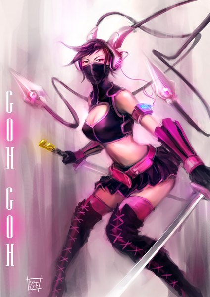 Anime picture 1654x2339 with original aditya777 (artist) single tall image highres brown eyes girl navel weapon miniskirt sword belt headphones mask wire (wires)