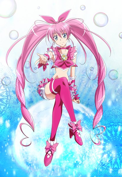 Anime picture 1033x1500 with precure suite precure toei animation houjou hibiki cure melody onaya masakazu (artist) single long hair tall image blue eyes twintails pink hair crossed legs outstretched arm girl thighhighs bow hair bow wrist cuffs bubble (bubbles)