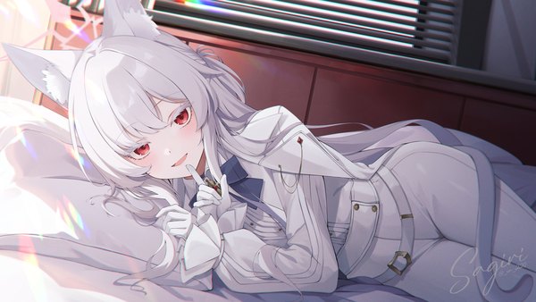 Anime picture 2880x1620 with blue archive akira (blue archive) sagiri (ulpha220) single long hair looking at viewer blush fringe highres open mouth red eyes wide image signed animal ears white hair indoors tail lying blunt bangs animal tail