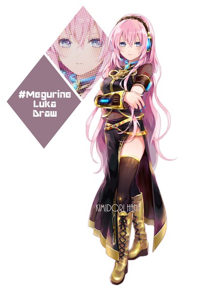 Anime picture 880x1280 with vocaloid megurine luka hana (mew) single tall image fringe blue eyes simple background hair between eyes standing white background signed pink hair full body very long hair nail polish character names crossed arms side slit zoom layer
