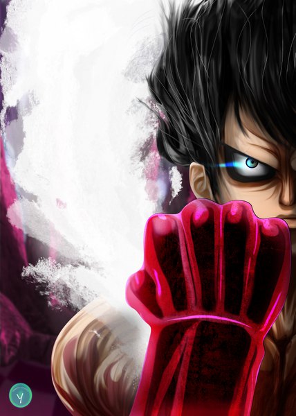 Anime picture 2904x4066 with one piece toei animation monkey d. luffy yameta studio single tall image looking at viewer fringe highres short hair blue eyes black hair signed upper body glowing smoke glowing eye (eyes) spoilers boy fist