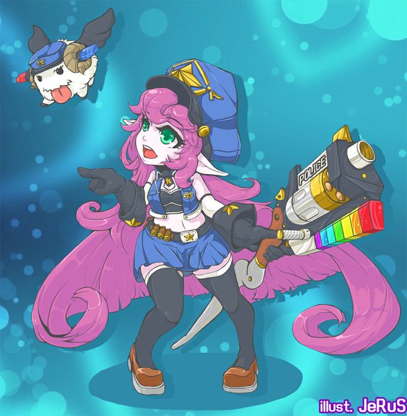 Anime picture 1000x1022 with league of legends lulu (league of legends) poro (league of legends) trombe single tall image open mouth smile green eyes pink hair very long hair pointy ears girl thighhighs skirt uniform black thighhighs tongue staff flat cap