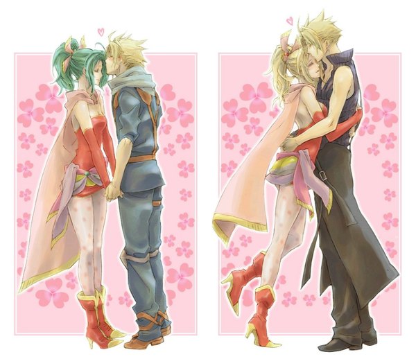 Anime picture 1100x950 with final fantasy final fantasy vii final fantasy vi dissidia final fantasy square enix cloud strife tina branford ryouto short hair blonde hair ponytail green hair sleeveless couple hug holding hands kiss forehead kiss girl boy
