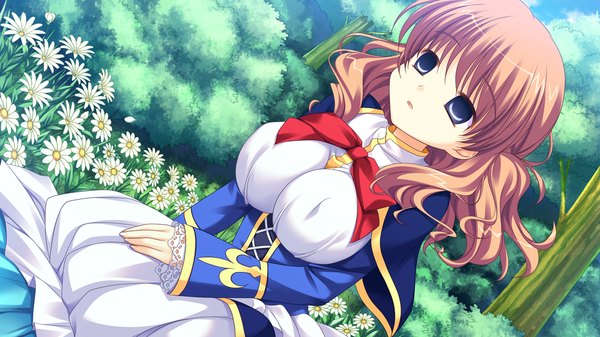 Anime picture 1280x720 with princess-style yomogida sachi yuyi single long hair breasts blue eyes light erotic brown hair wide image large breasts game cg expressionless girl uniform flower (flowers) school uniform daisy