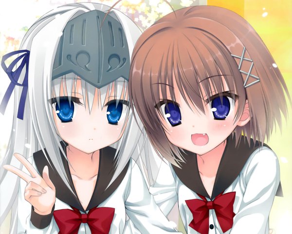 Anime picture 1500x1200 with kore wa zombie desu ka? studio deen eucliwood hellscythe haruna (zombie) long hair blush short hair open mouth blue eyes brown hair purple eyes multiple girls silver hair teeth fang (fangs) girl uniform ribbon (ribbons) 2 girls hair ribbon