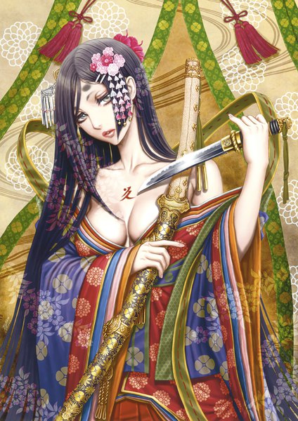 Anime picture 2122x3000 with original eshi 100-nin ten tsukasa jun single long hair tall image looking at viewer highres breasts light erotic black hair standing payot cleavage upper body traditional clothes parted lips head tilt japanese clothes lips