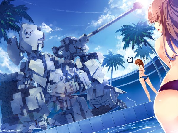Anime picture 1600x1199 with windforcelan long hair open mouth light erotic brown hair multiple girls sky cloud (clouds) eyes closed girl 2 girls swimsuit plant (plants) bikini tree (trees) pool mecha