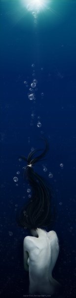 Anime picture 900x3498 with kate-fox single long hair tall image light erotic black hair back light bare back pale skin underwater girl water bubble (bubbles)