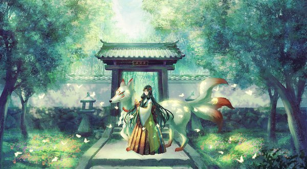 Anime picture 1960x1080 with original yingsu jiang highres black hair wide image outdoors tail very long hair traditional clothes japanese clothes miko multiple tails kitsune girl plant (plants) animal tree (trees) insect butterfly bell