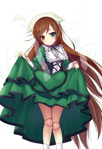 Anime picture 825x1200 with rozen maiden suiseiseki yaguo single long hair tall image blush simple background smile brown hair white background heterochromia girl dress bonnet