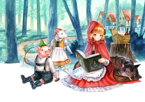 Anime-Bild 1280x905 mit little red riding hood three little pigs original little red riding hood (character) big bad wolf siro long hair blush fringe blue eyes blonde hair smile sitting outdoors horn (horns) crossover girl dress flower (flowers) plant (plants)