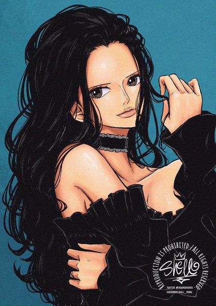 Anime picture 1448x2048 with one piece toei animation nico robin sherumaru (korcht06) single long hair tall image looking at viewer breasts black hair simple background bare shoulders brown eyes signed cleavage upper body light smile off shoulder twitter username blue background