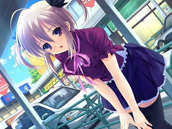 Anime picture 1200x900 with short hair purple eyes twintails game cg grey hair loli thighhighs skirt miniskirt
