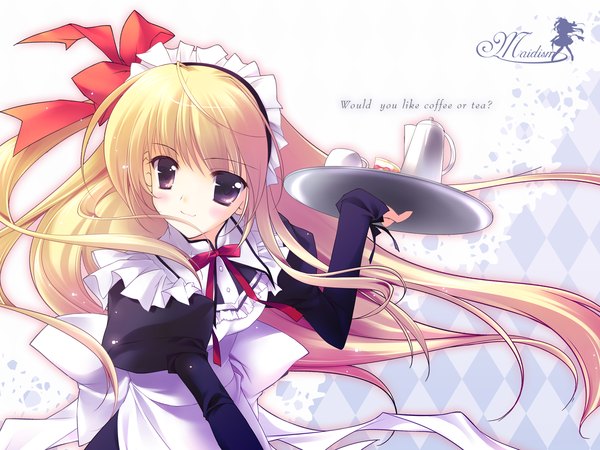 Anime picture 1600x1200 with original rei (rei's room) single long hair blush blonde hair purple eyes looking away light smile wind maid one side up text rhombus girl bow hair bow headdress maid headdress tray