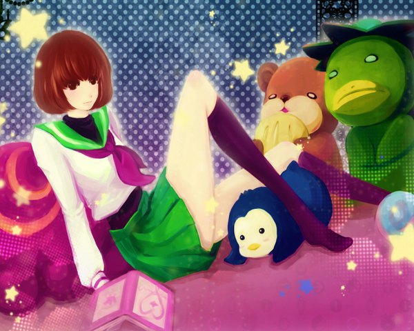 Anime picture 1280x1024 with mawaru penguindrum oginome ringo tsuo (coboy) single short hair brown hair sitting brown eyes polka dot girl socks serafuku star (symbol) toy stuffed animal teddy bear penguin