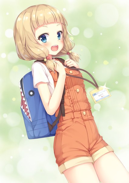 Anime picture 1408x1987 with new game! doga kobo sakura nene tomifumi single long hair tall image looking at viewer blush fringe open mouth blue eyes blonde hair twintails blunt bangs :d loli dutch angle low twintails green background