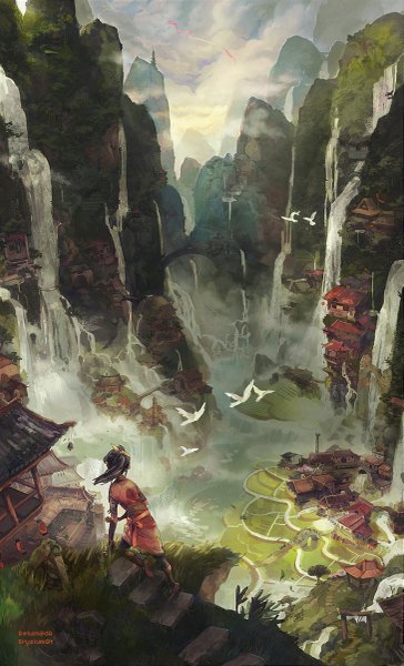 Anime picture 729x1200 with original reluin single long hair tall image black hair sky cloud (clouds) ponytail traditional clothes japanese clothes mountain landscape river waterfall lake village girl animal water