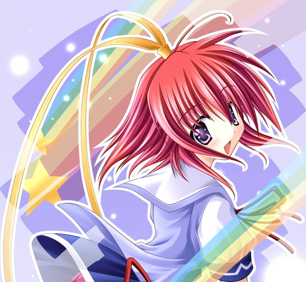 Anime picture 1843x1703 with sayorana etranger kisaragi haruka amane sou single highres short hair open mouth purple eyes red hair looking back girl uniform ribbon (ribbons) hair ribbon school uniform star (symbol) rainbow