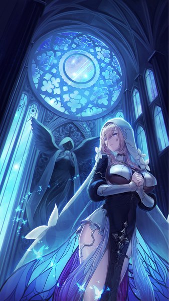 Anime picture 1125x2000 with honkai impact 3rd honkai (series) aponia (honkai impact) ulquiorra0 single long hair tall image fringe breasts blue eyes light erotic blonde hair hair between eyes large breasts standing signed looking away parted lips night mole