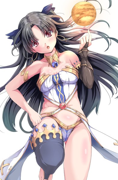 Anime picture 1158x1773 with fate (series) fate/grand order ishtar (fate) maimu (gol-em-1226) single long hair tall image looking at viewer fringe open mouth light erotic black hair simple background red eyes standing white background bare shoulders bent knee (knees) head tilt arm up