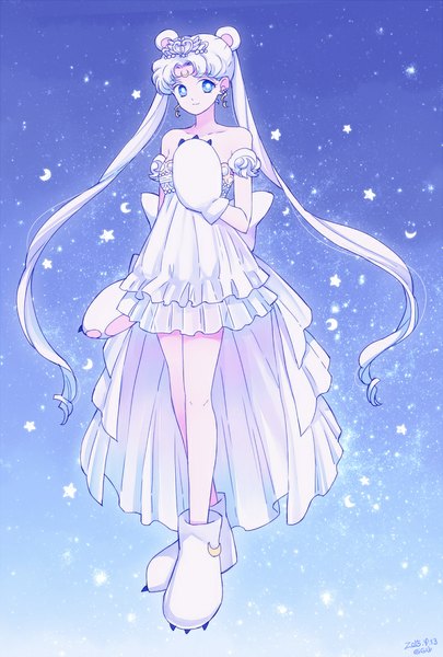 Anime picture 779x1153 with bishoujo senshi sailor moon toei animation tsukino usagi neo queen serenity saki (hxaxcxk) single long hair tall image blue eyes standing twintails bare shoulders animal ears looking away white hair light smile bare legs alternate costume blue background crescent