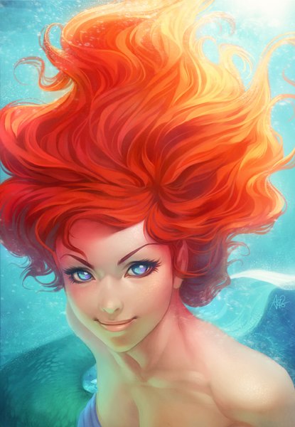 Anime picture 692x1000 with the little mermaid disney ariel artgerm (stanley lau) single long hair tall image looking at viewer blue eyes smile bare shoulders signed red hair realistic portrait underwater girl mermaid