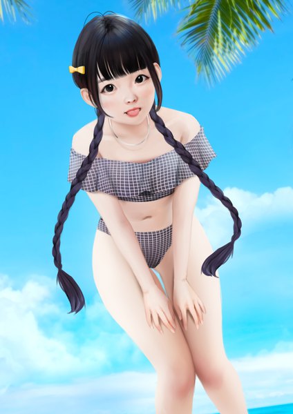 Anime picture 1920x2716 with real life ola aphrodite jubi (regiana) single tall image looking at viewer fringe highres light erotic black hair standing sky blunt bangs braid (braids) black eyes realistic leaning leaning forward twin braids :p