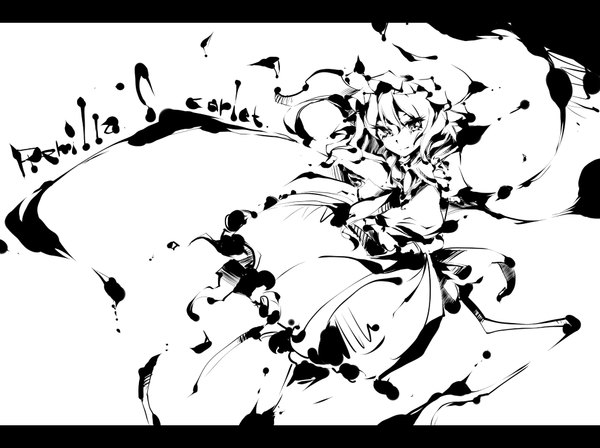 Anime picture 1900x1420 with touhou remilia scarlet dain single highres short hair white background inscription monochrome letterboxed girl wings bonnet