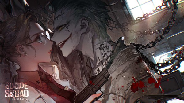 Anime picture 1024x576 with batman suicide squad dc comics harley queen the joker kawacy long hair blush blue eyes blonde hair wide image holding signed yellow eyes upper body indoors parted lips profile green hair sparkle