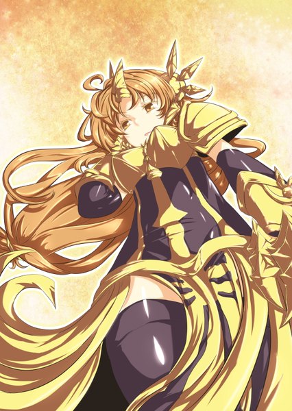 Anime picture 2208x3106 with league of legends leona (league of legends) kaho single tall image highres breasts open mouth light erotic blonde hair large breasts yellow eyes looking away very long hair girl thighhighs black thighhighs