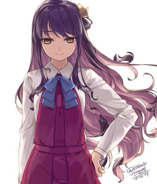 Anime picture 766x900 with kantai collection naganami destroyer rokuwata tomoe single long hair tall image looking at viewer fringe simple background smile white background signed yellow eyes purple hair wind hand on hip dated girl uniform school uniform