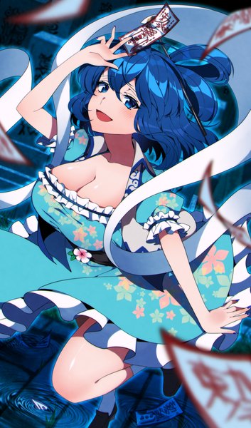 Anime picture 2883x4902 with touhou kaku seiga kamenozoki momomo single tall image blush fringe highres short hair breasts open mouth blue eyes light erotic hair between eyes large breasts blue hair cleavage :d from above puffy sleeves