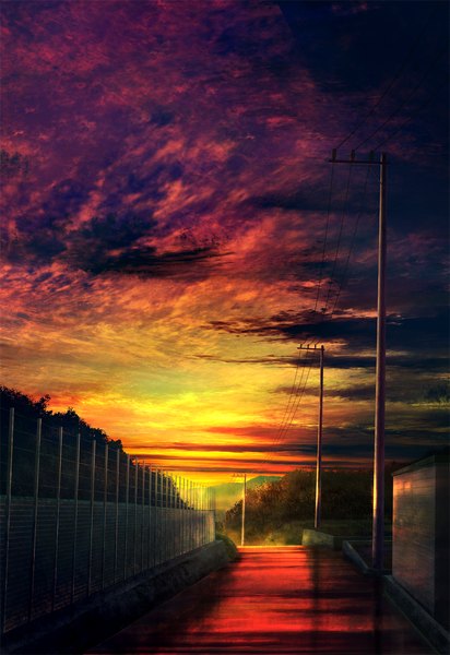 Anime picture 893x1298 with original mks tall image sky cloud (clouds) outdoors sunlight evening sunset no people landscape scenic red sky plant (plants) tree (trees) fence power lines road chain-link fence pole
