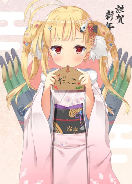 Anime picture 1300x1803 with azur lane eldridge (azur lane) fujieda uzuki single long hair tall image looking at viewer blush fringe blonde hair hair between eyes red eyes standing twintails holding ahoge traditional clothes japanese clothes hair flower inscription