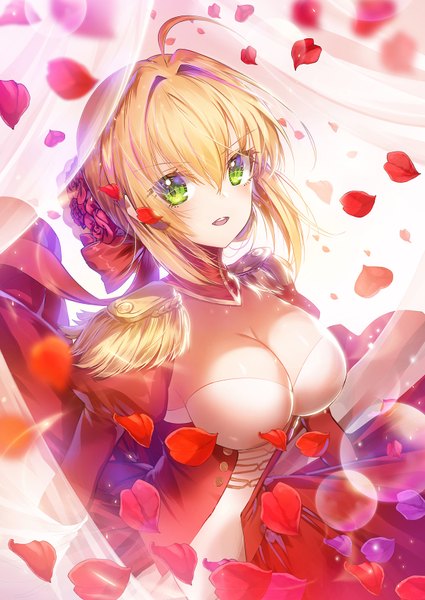 Anime picture 1200x1694 with fate (series) fate/extra nero claudius (fate) (all) nero claudius (fate) apple caramel single tall image looking at viewer blush fringe short hair breasts open mouth light erotic simple background blonde hair smile hair between eyes large breasts white background