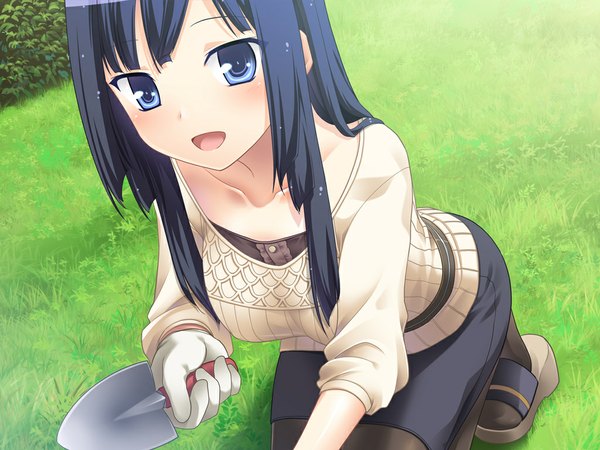 Anime picture 1024x768 with famima! (game) long hair open mouth blue eyes black hair game cg girl