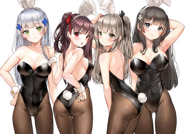 Anime picture 2126x1516 with girls frontline hk416 (girls frontline) wa2000 (girls frontline) ump45 (girls frontline) type 95 (girls frontline) lee seok ho long hair looking at viewer blush fringe highres breasts open mouth light erotic black hair simple background hair between eyes red eyes large breasts white background