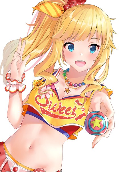 Anime picture 707x1000 with idolmaster idolmaster cinderella girls ootsuki yui koukoku single long hair tall image looking at viewer blush open mouth blue eyes simple background blonde hair white background payot head tilt :d midriff dutch angle side ponytail