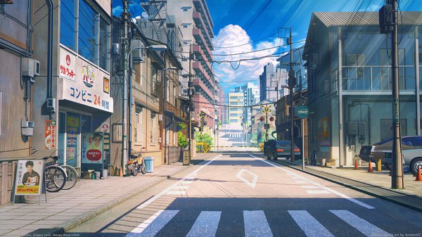 Anime picture 1920x1080 with love money rock'n'roll arsenixc highres wide image signed sky cloud (clouds) outdoors sunlight shadow wallpaper copyright name city watermark reflection no people street architecture 2016 crosswalk