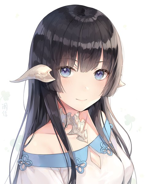 Anime picture 1203x1527 with final fantasy final fantasy xiv square enix au ra ayuanlv single long hair tall image looking at viewer blush fringe blue eyes black hair simple background smile hair between eyes white background bare shoulders upper body horn (horns)