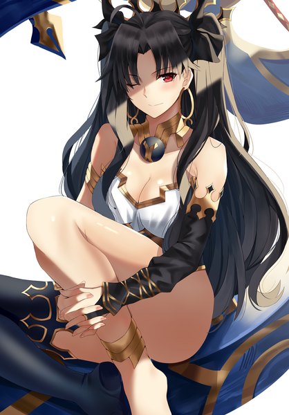 Anime picture 1000x1434 with fate (series) fate/grand order ishtar (fate) nicky w single long hair tall image looking at viewer blush fringe breasts light erotic black hair simple background smile red eyes white background sitting bare shoulders payot