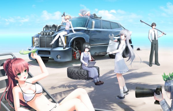 Anime picture 1200x768 with original aruciii long hair short hair breasts open mouth light erotic black hair blonde hair sitting multiple girls brown eyes green eyes pink hair sky silver hair cloud (clouds) ponytail girl thighhighs