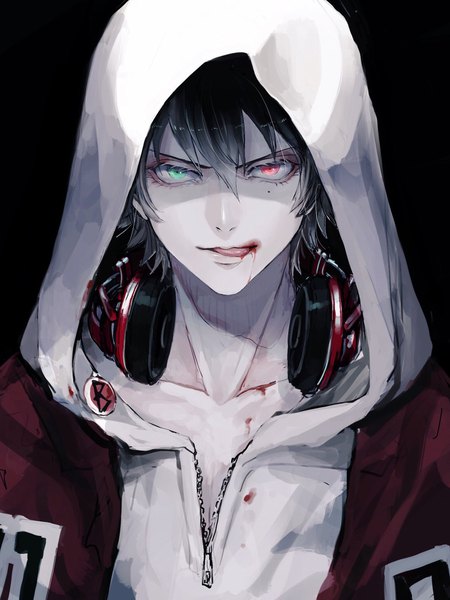 Anime picture 1535x2048 with hypnosis mic yamada ichirou (hypnosis mic) shino (shino-xx) single tall image looking at viewer fringe short hair black hair simple background hair between eyes red eyes green eyes upper body heterochromia black background portrait licking blood on face headphones around neck